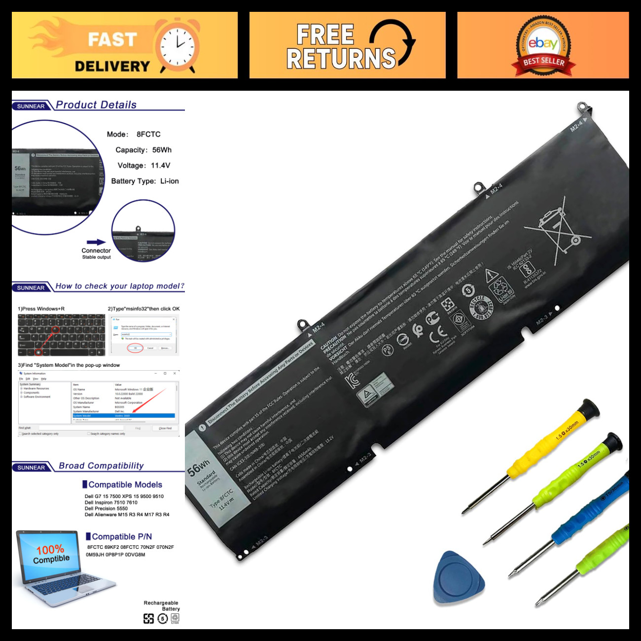 56Wh Laptop Battery Replacement for Dell XPS 15 9500, Precision 5550/5560, G15 5