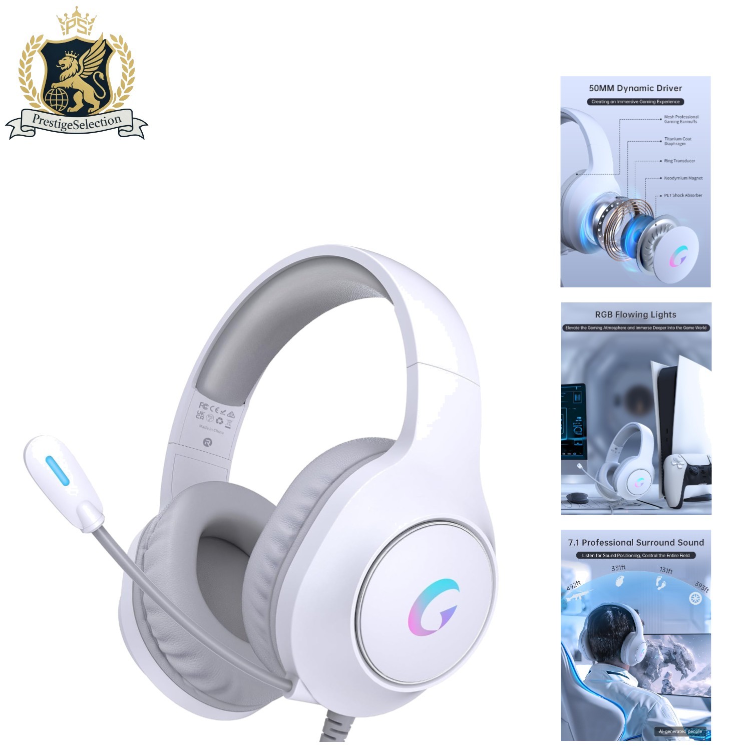 CM7002 Light White Gaming Headset with 7.1 Surround Sound & Noise Cancelling Mic