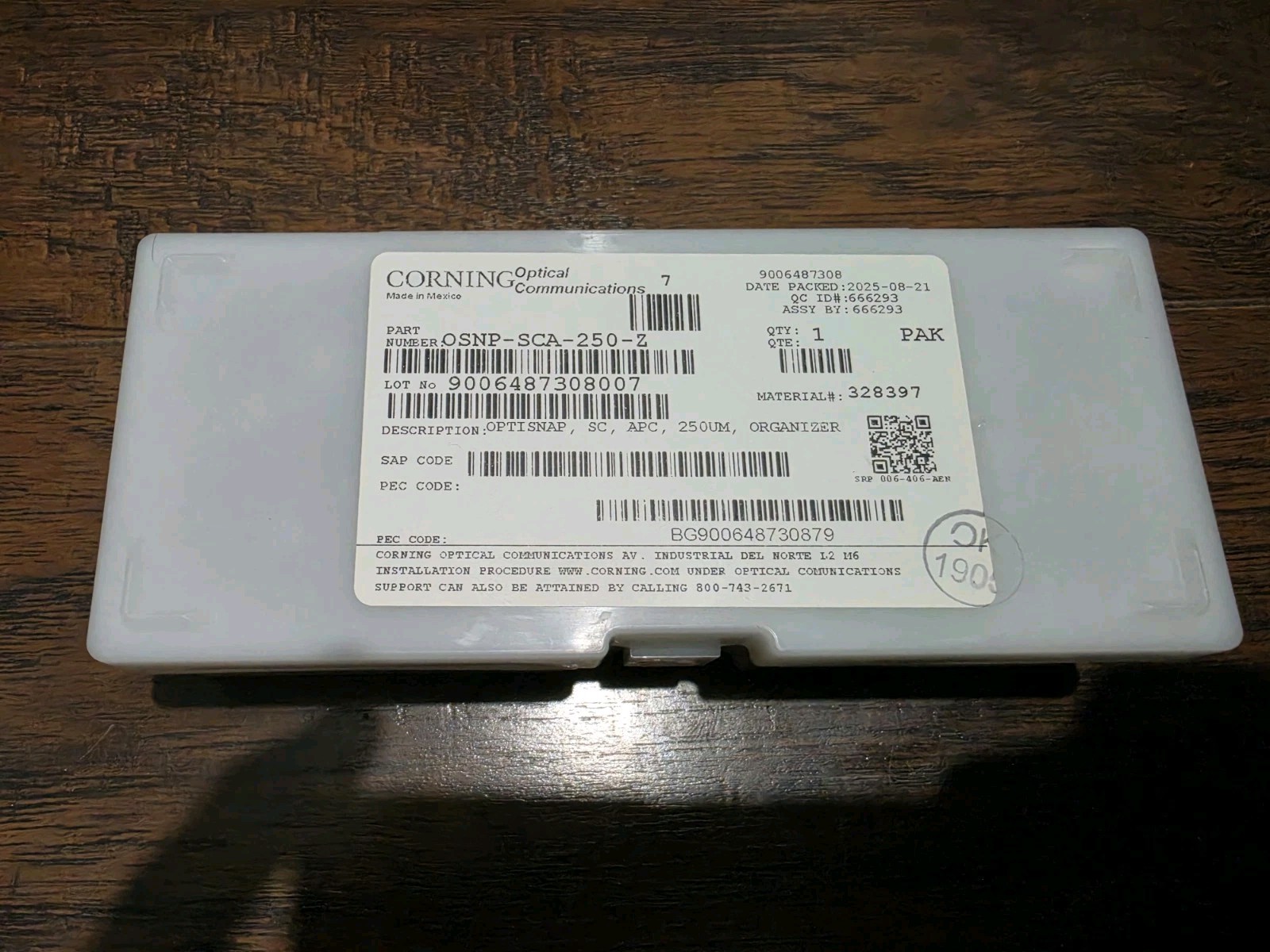 Corning OSNP-SCA-250-Z OptiSnap Connector 250 um SC Singlemode/SM APC pack of 25