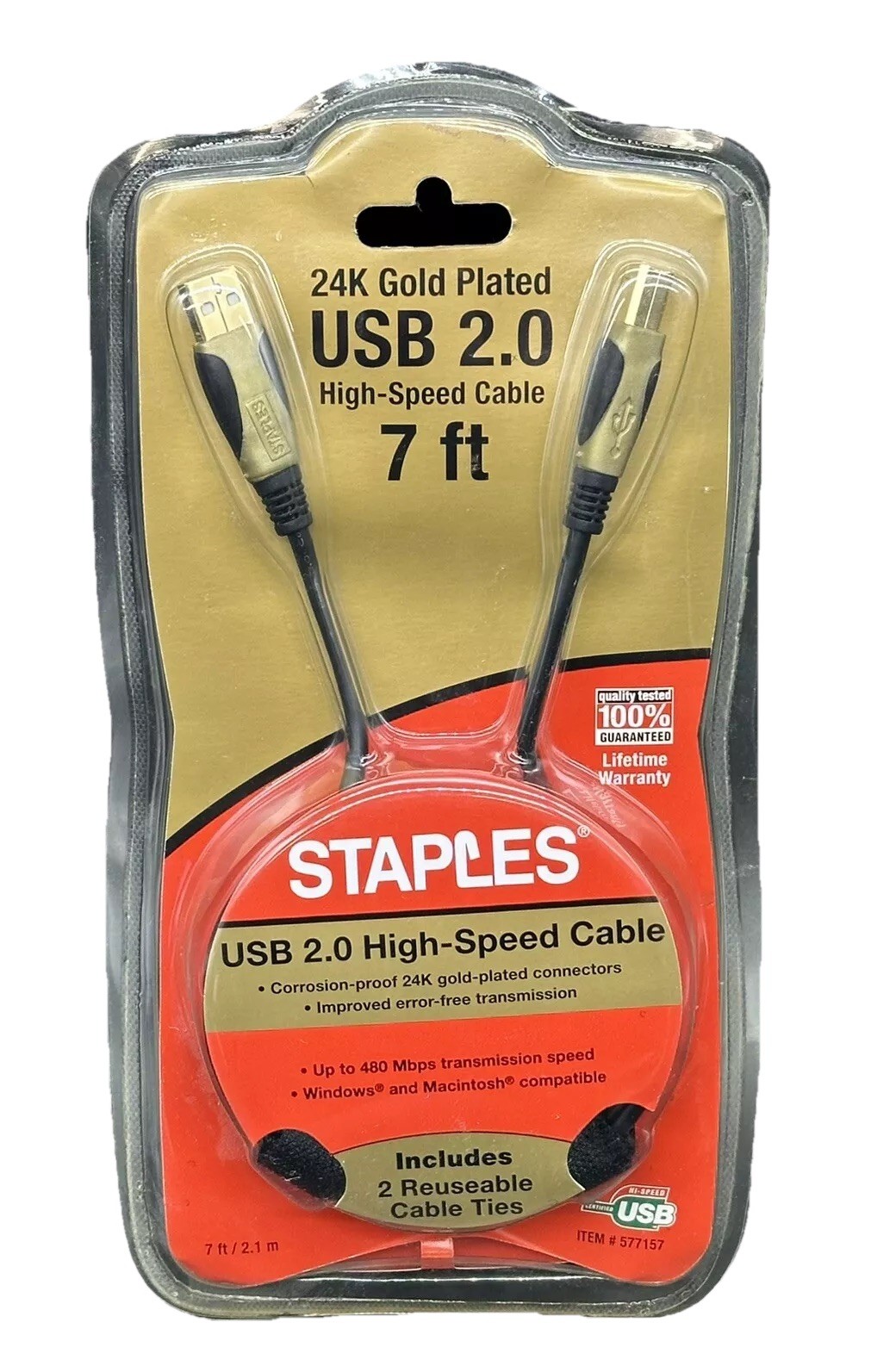 Staples 24K Gold Plated USB 2.0 High-Speed Cable 7ft 577157 BRAND NEW SEALED