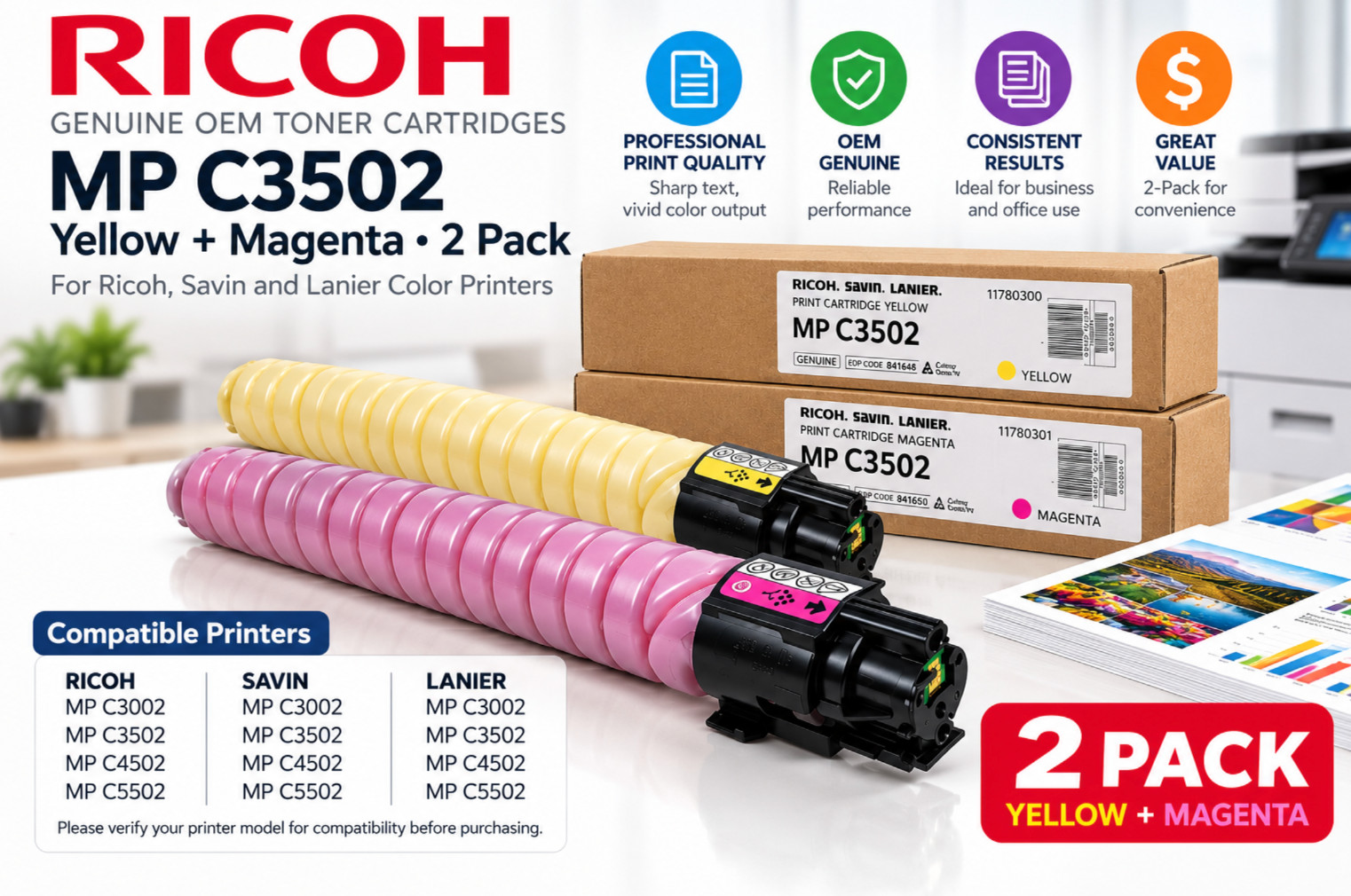 Ricoh MP C3502 Yellow Magenta Toner 2 Pack OEM 841648 841649 Factory Sealed