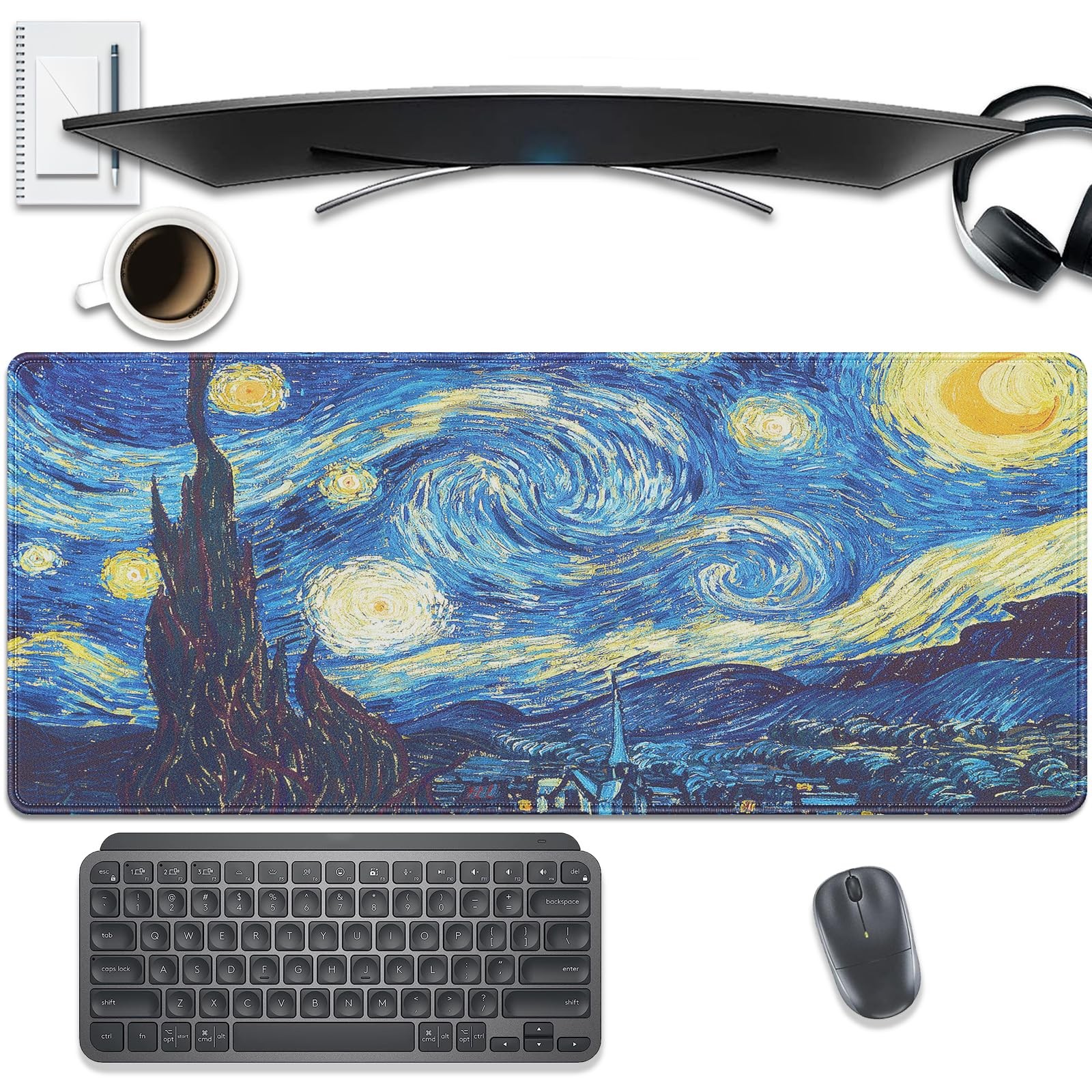 Van Gogh Starry Night Large Mouse Pad Desk Mat, 27.5x11.8in Classic Art Exten...