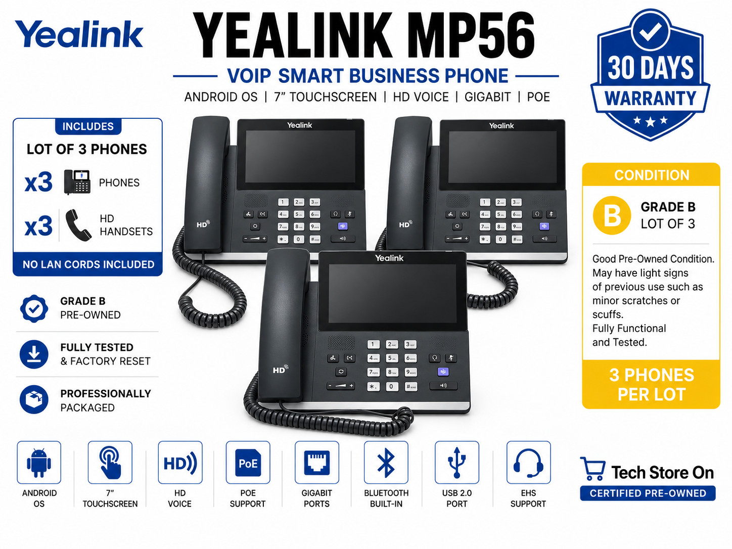 Yealink MP56 VoIP Smart Business Phone Lot of 3 Grade B 7" Touchscreen PoE