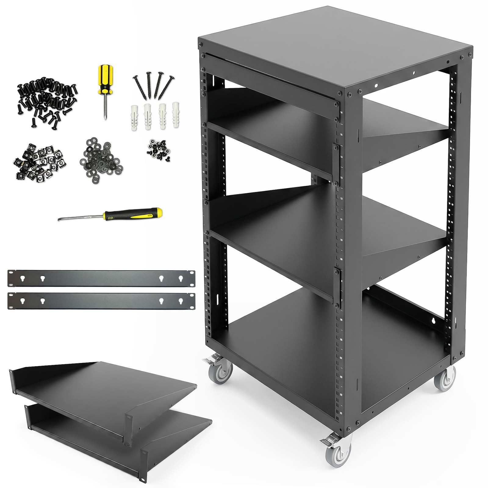 AxcessAbles 16U Open Frame Network & AV Rack with Caster Wheels, Two 2U Shelv...
