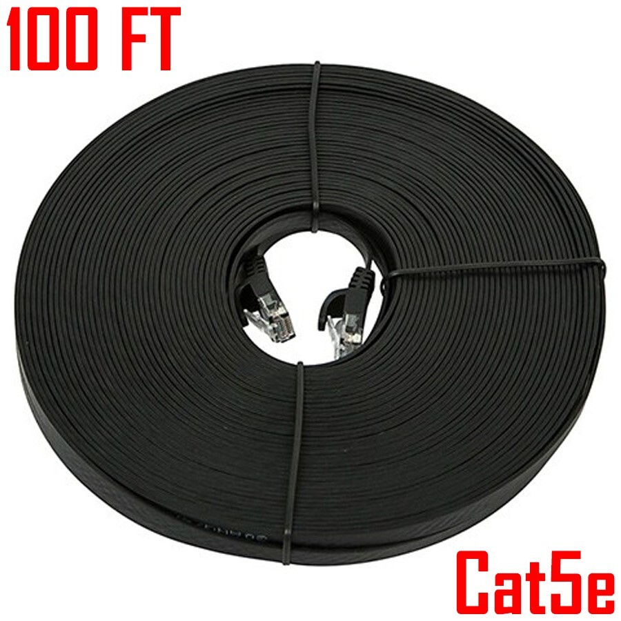 100ft Cat5E RJ45 Cable UTP Stranded Network Ethernet LAN Wire Cat5 Flat Black