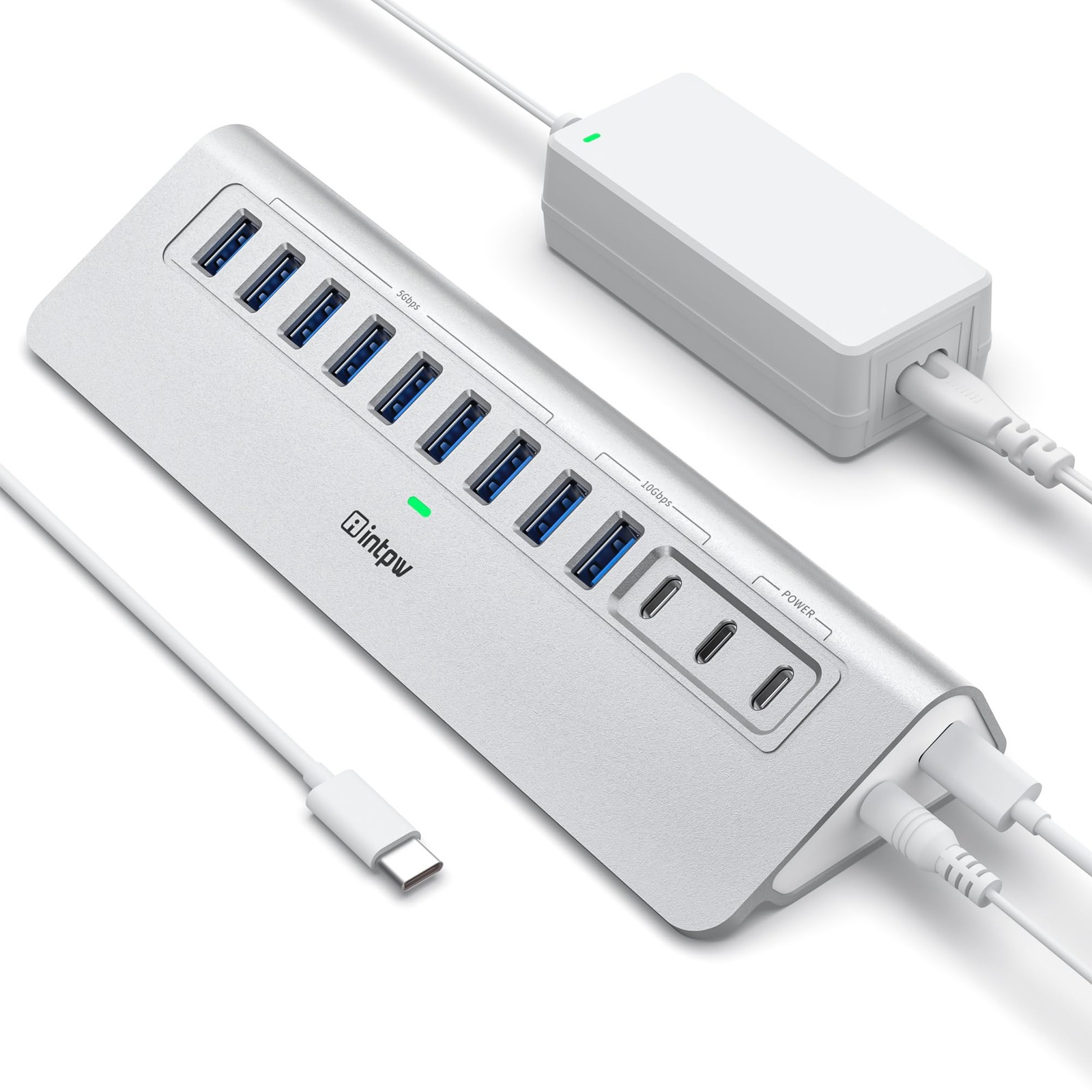 intpw Powered USB Hub 10Gbps, 12-Port 3.2/USB C Hub, 65W 12 Port, Silver