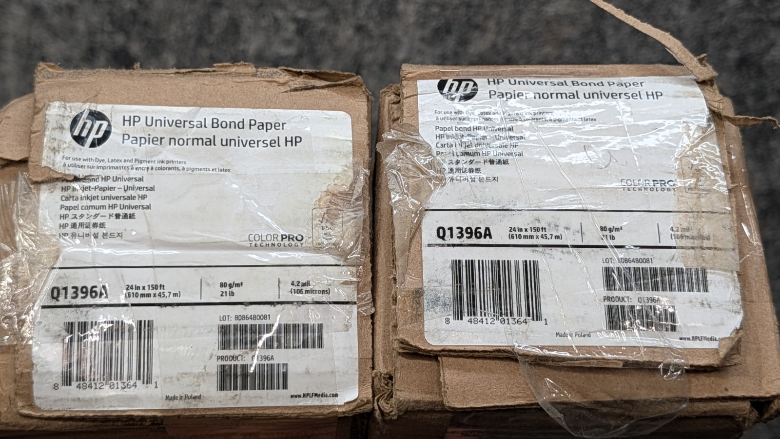 2 x HP Universal Inkjet Print Bond Paper 24" x 150 ft Matte White Q1396A