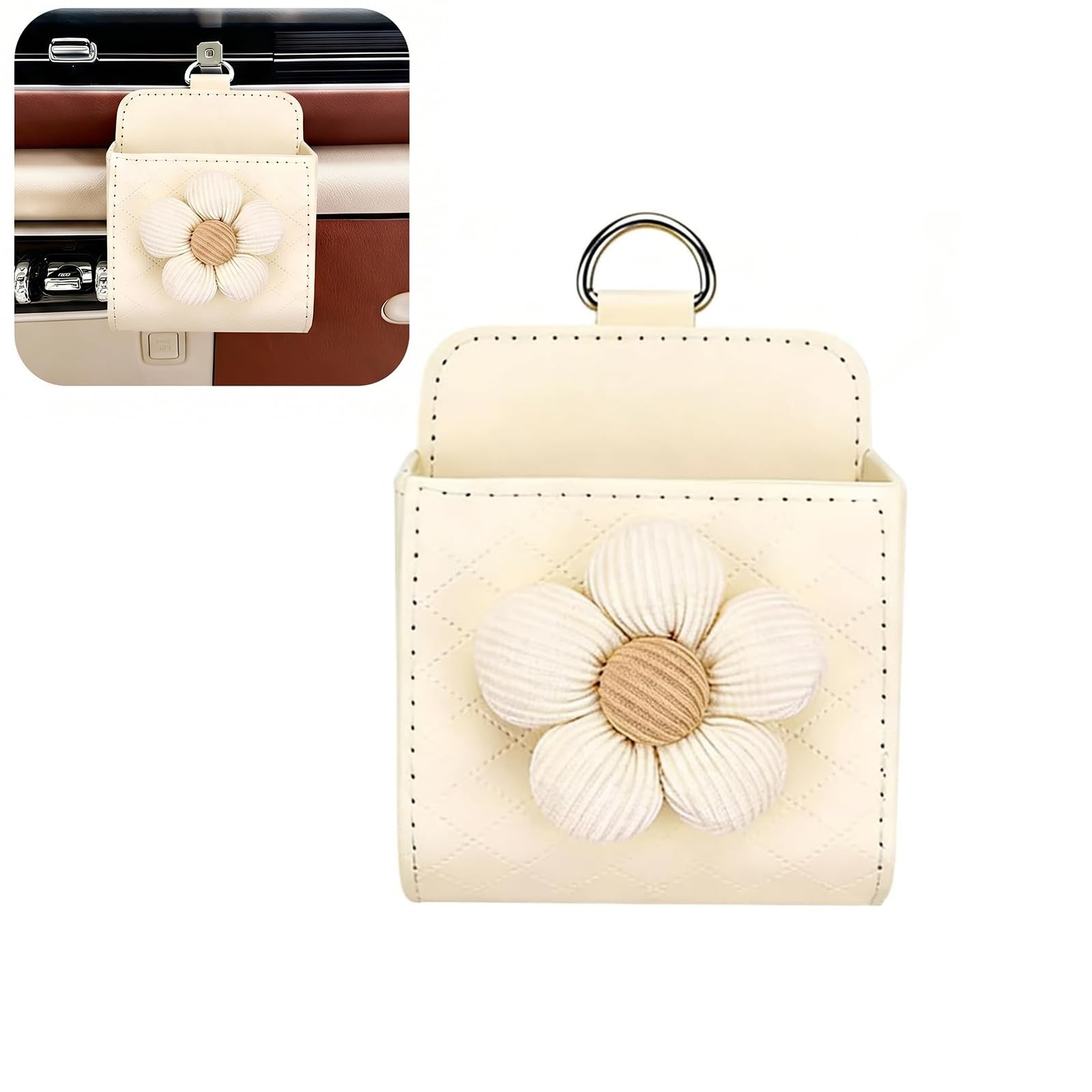 Cute Flower Car Vent Storage Bag, PU Leather Car Dashboard Vent Organizer wit...