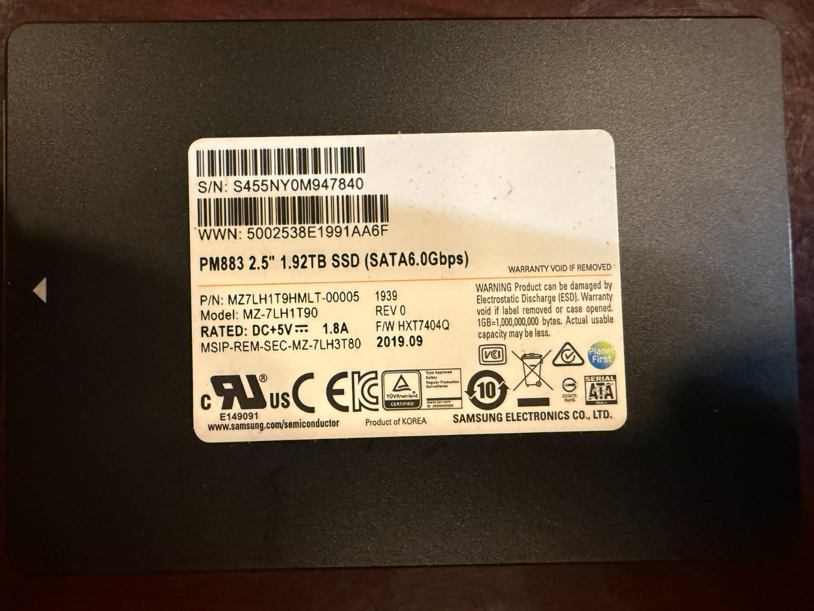 Samsung 1.92TB PM883 SSD 2.5" SATA MZ-7LH1T90 MZ7LH1T9HMLT 98%+ Health