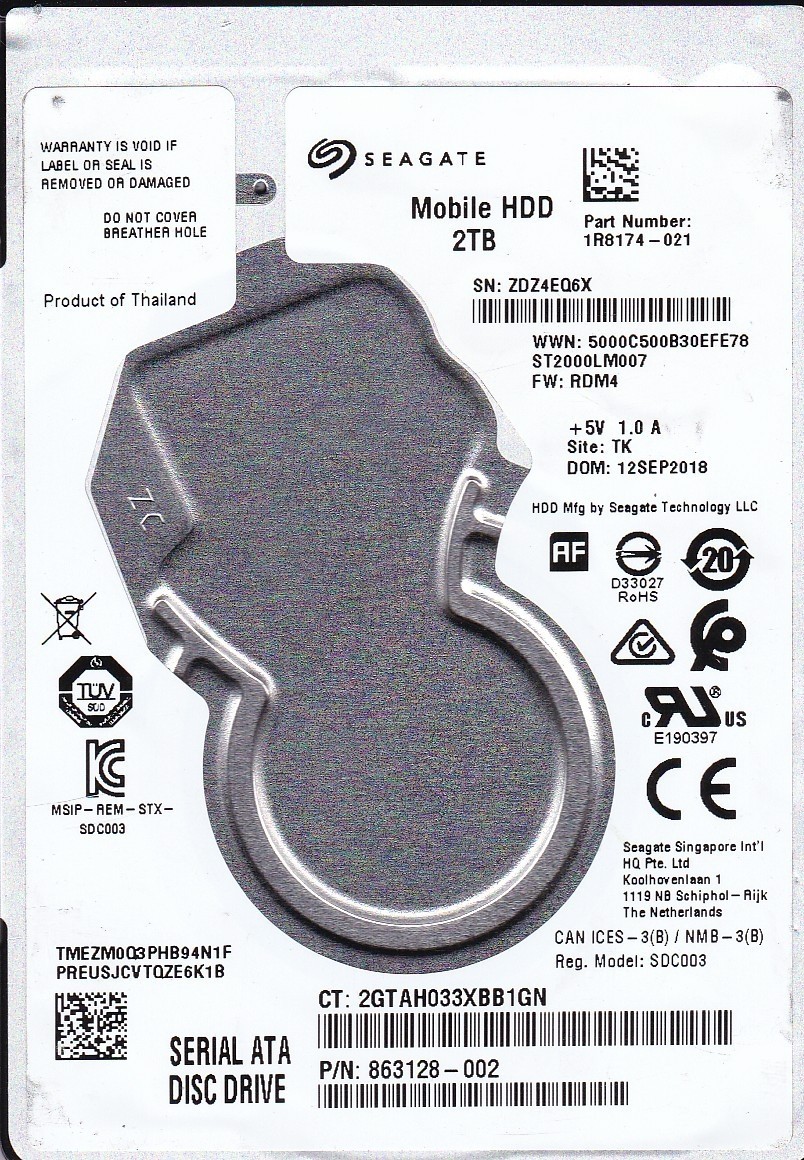 ST2000LM007 pn: 1R8174-021 fw: RDM4 sn: ZDZ4 TK SEP 2018 2TB SATA 2.5" Seagate