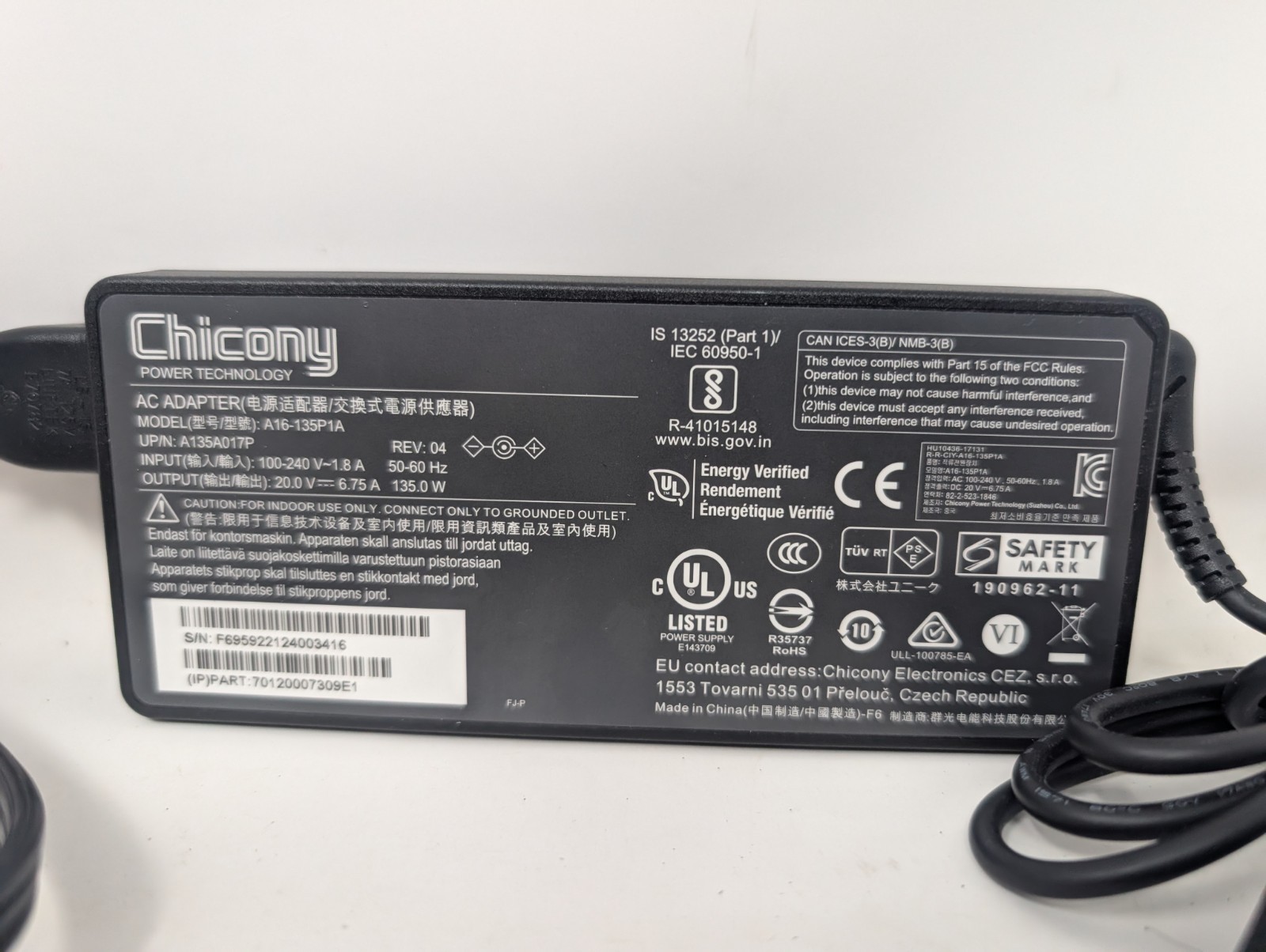Genuine Chicony A16-135P1A AC Adapter A135A009L 20V 6.75A