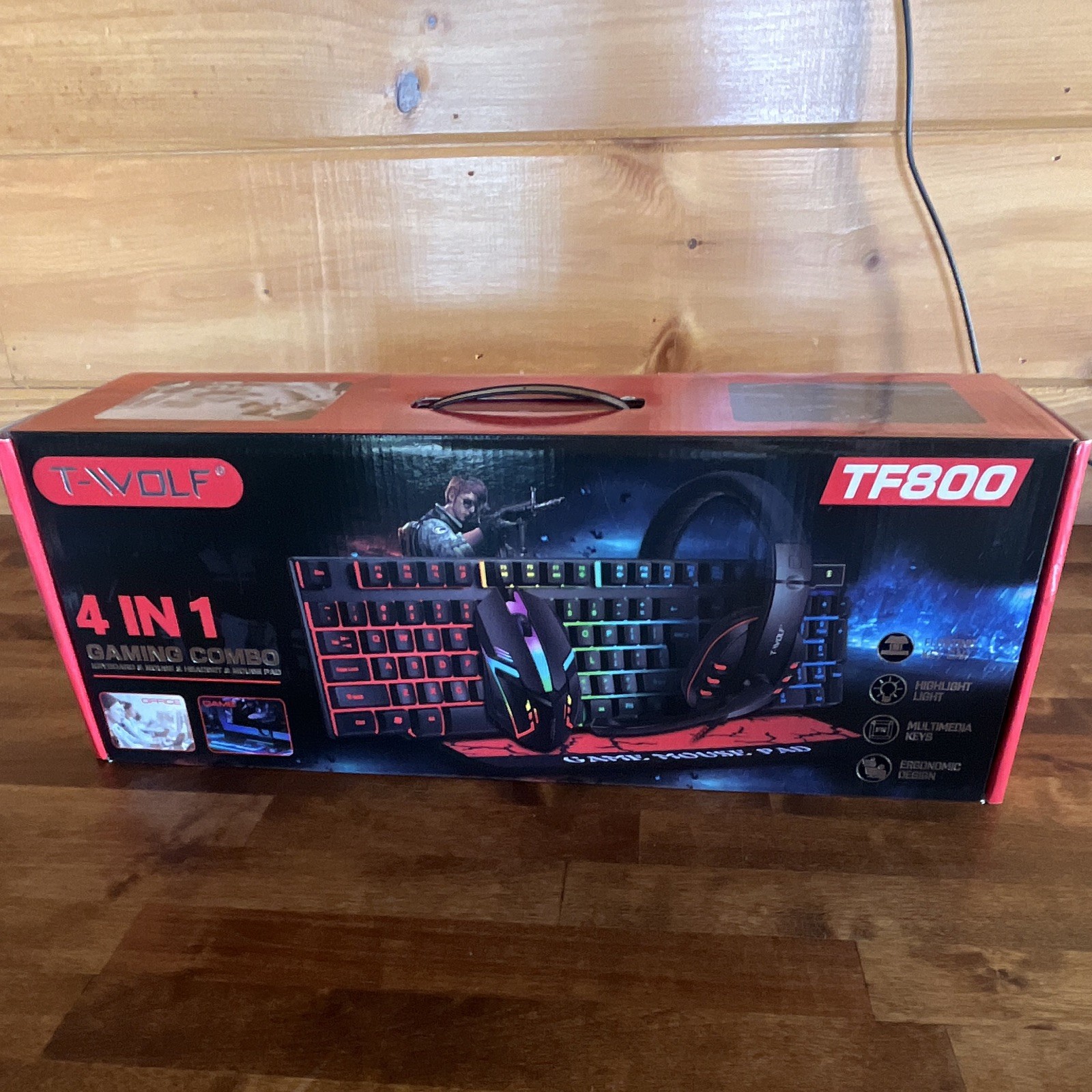 T-WOLF TF800 4-in-1 Wired Gaming Combo LED QWERTY Keyboard Mouse Headset Pad