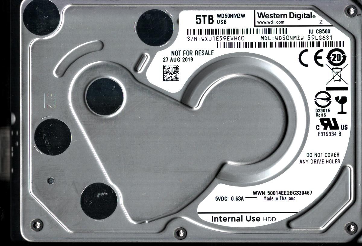 WD50NMZW-59LG6S1 S/N: WXU1E WESTERN DIGITAL 5TB THAILAND AUG 2019