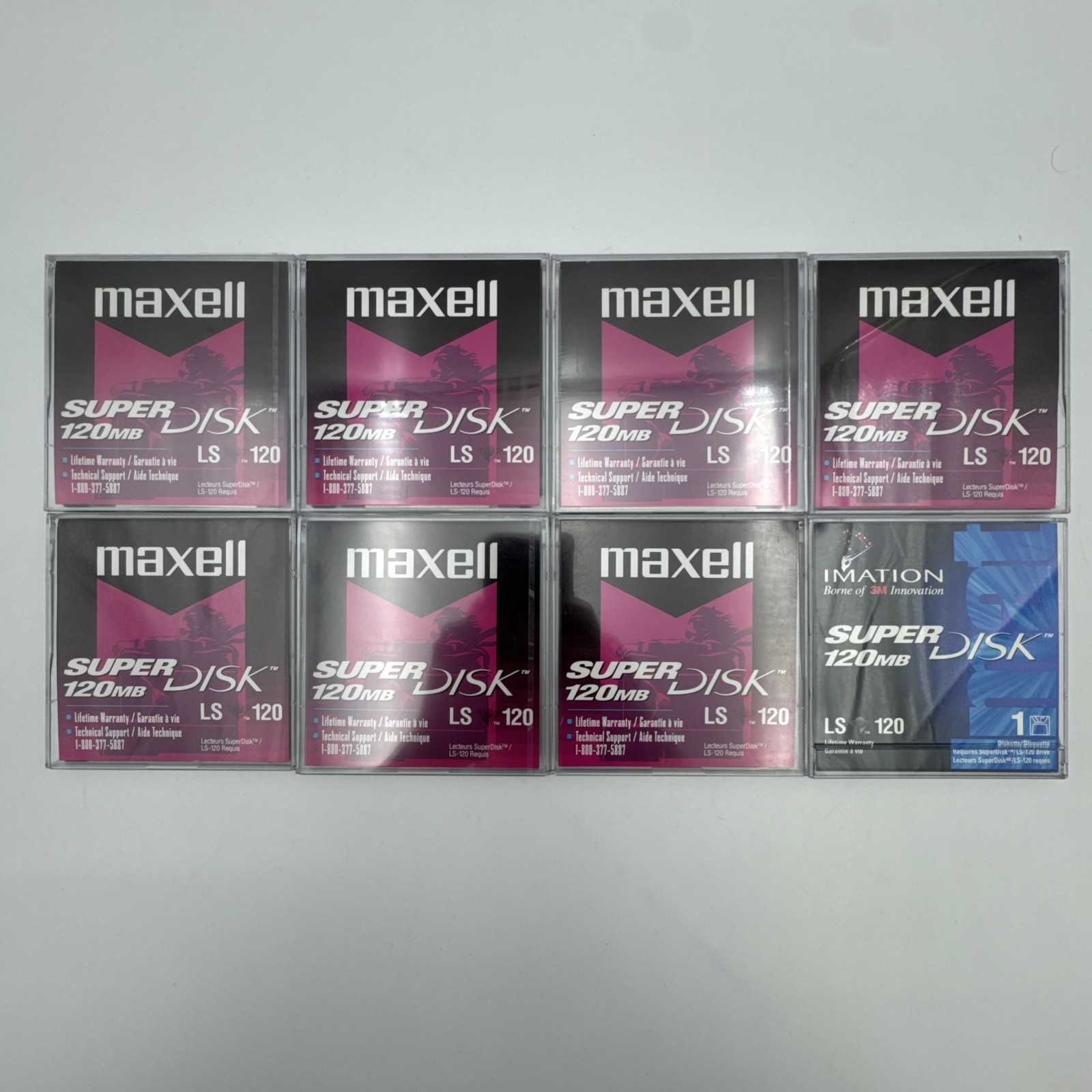 LOT of 7 MAXELL LS-120 SUPER DISK 120MB - PC DOS FORMATTED + 1 IMATION DISKS