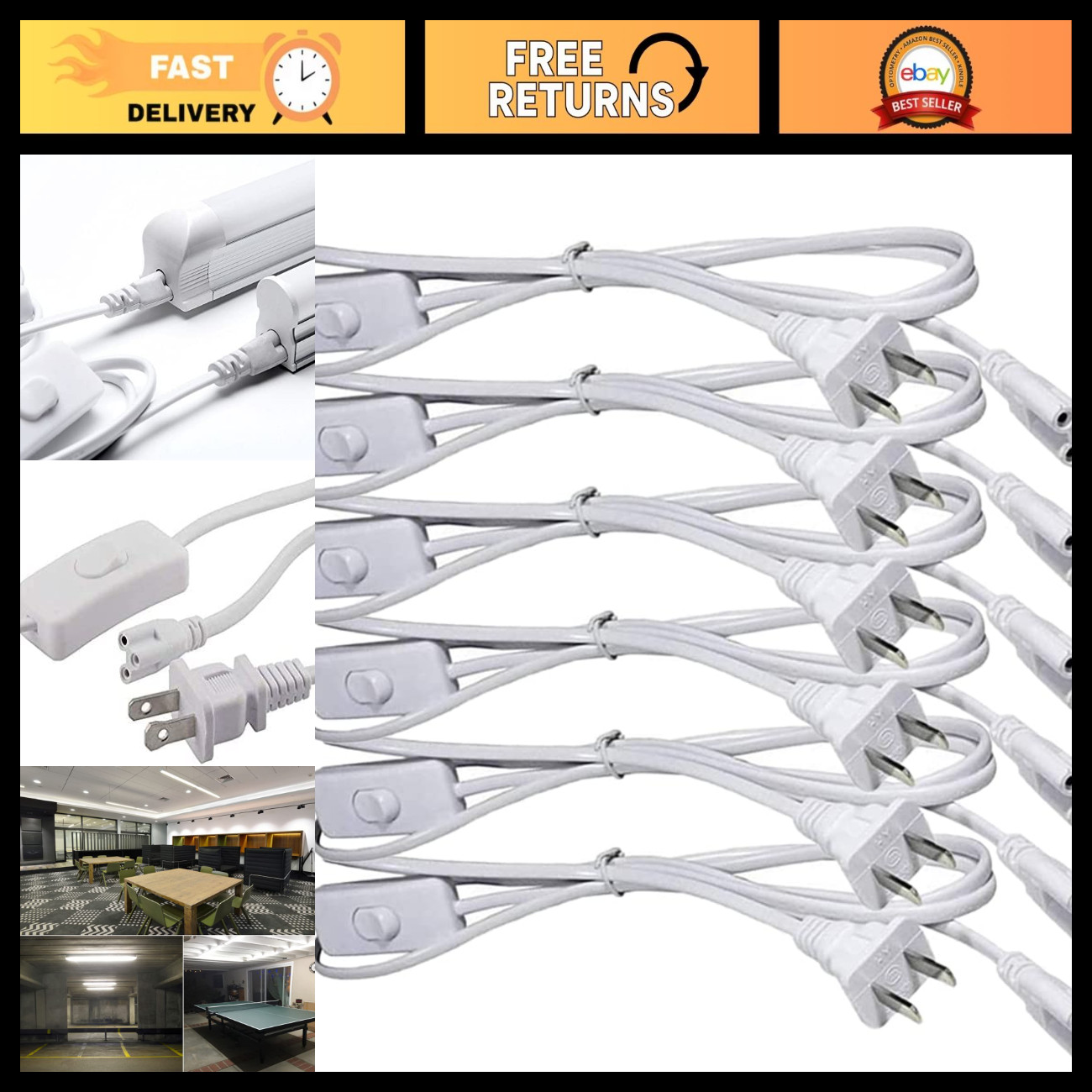 6FT LED Tube Power Extension Cable with On/Off Switch for T5/T8 Light Fixtures