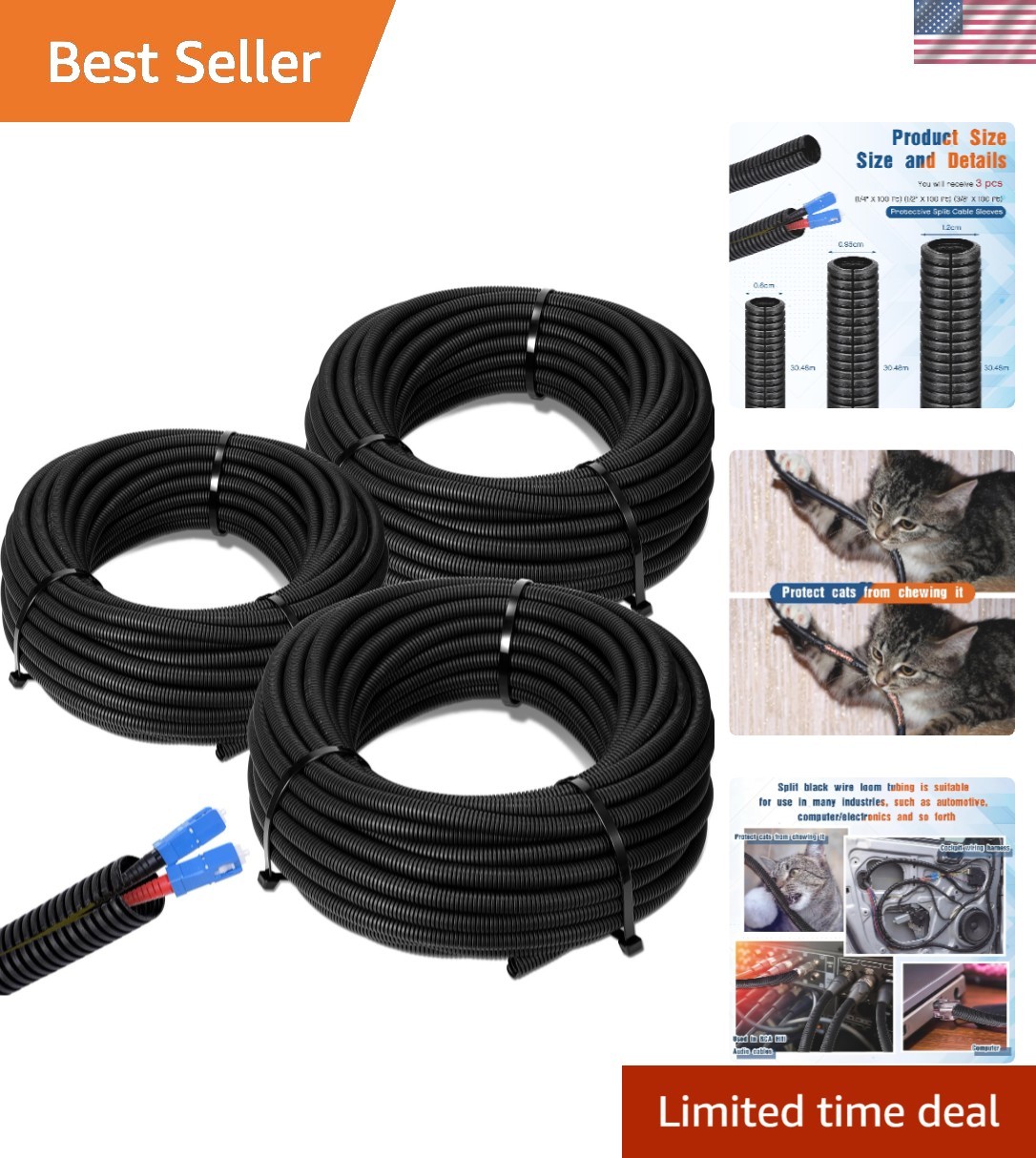 1/4", 1/2", 3/8" X 100ft Split Wire Loom Tubing, Cord Protector