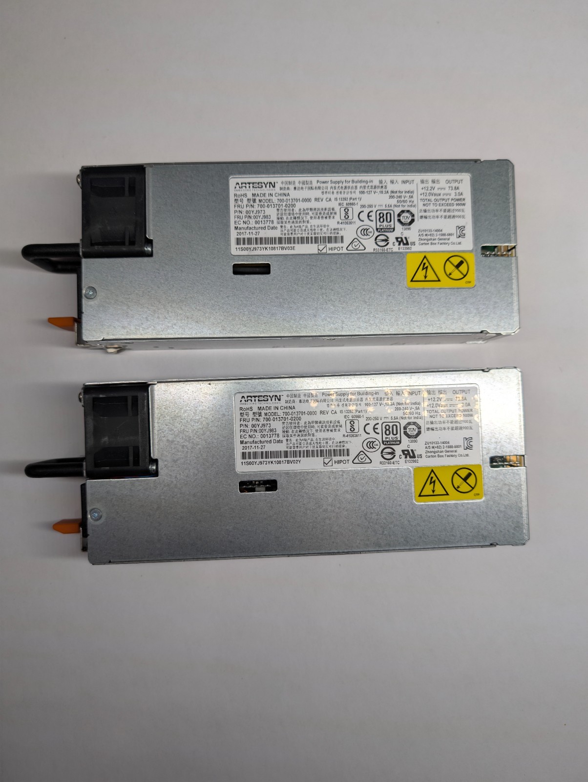 LOT OF 2 Lenovo 900W 80+ Platinum PSU 00YJ973 00YJ983 x3550 M5 x3650 M5 Artesyn