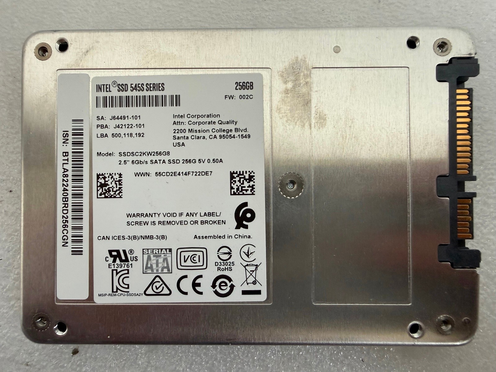 Intel 545s Series 256GB 2.5" SATA III 6Gb/s SSD SSDSC2KW256G8