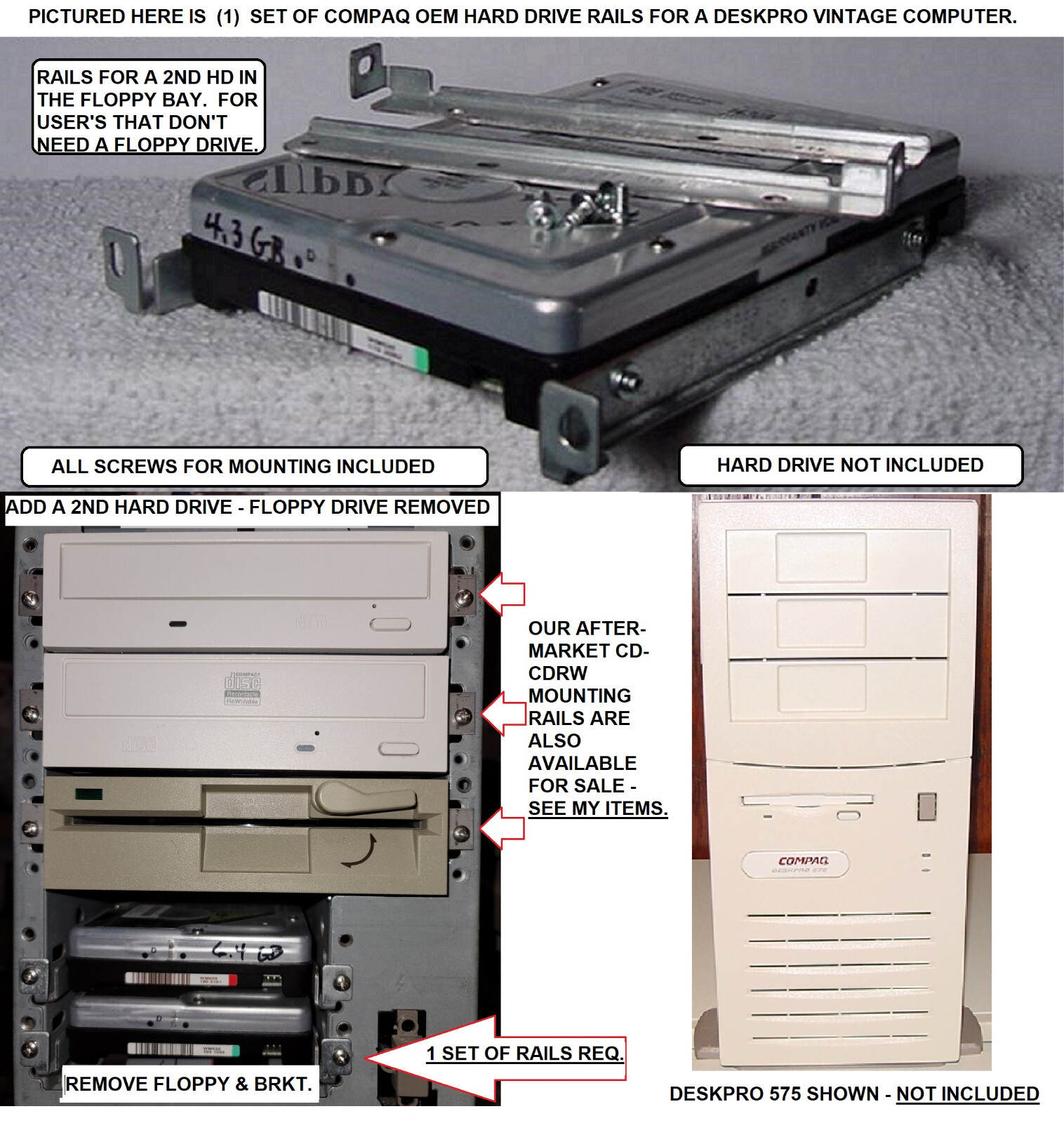 COMPAQ DESKPRO PROLINEA PROSIGNIA HARD DRIVE RAILS OEM 3-1/2", 1 SET CLEAN PULLS