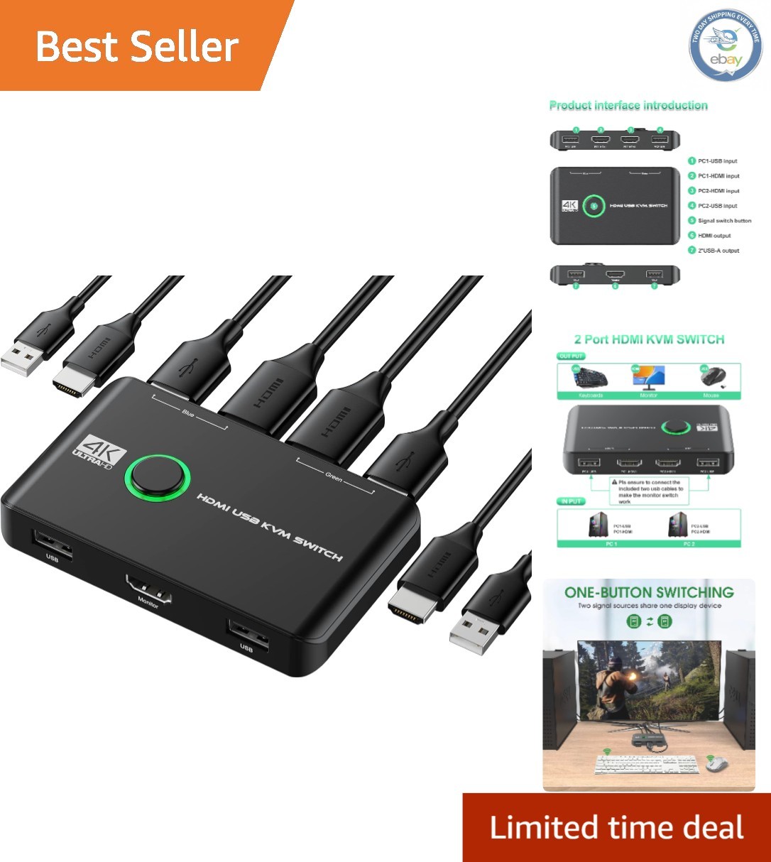 Smart 2-Port KVM Switch with 4K@60Hz Display – Ideal for Home Office & Gaming