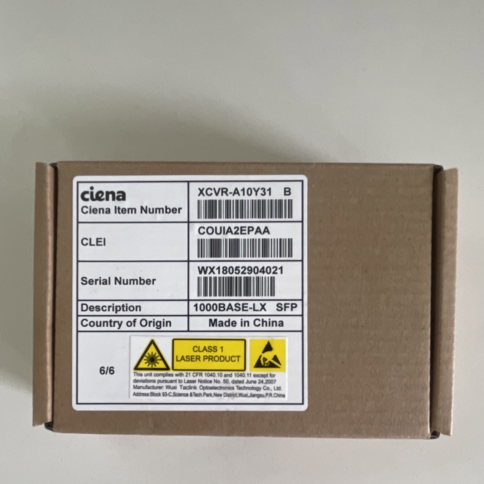 Ciena XCVR-A10Y31 / XCVR-A10Y31 B 1000BASE-LX 1Gbps SFP 1-Port