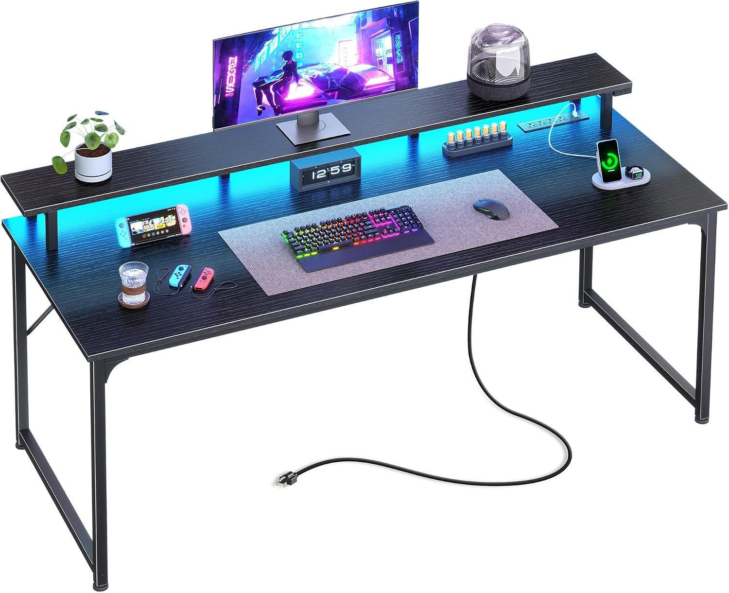 55 inch Gaming Desk LED & Power Outlets Monitor Stand Black