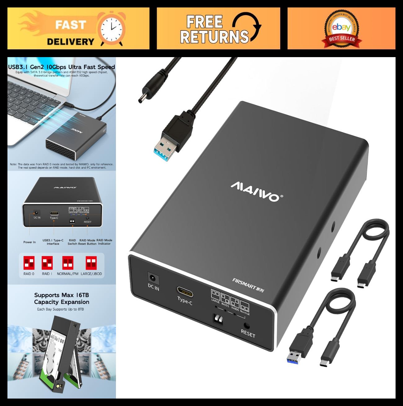 Dual Bay Hard Drive RAID Enclosure for 2.5" SATA SSD/HDD, USB 3.1 10Gbps, RAID 0