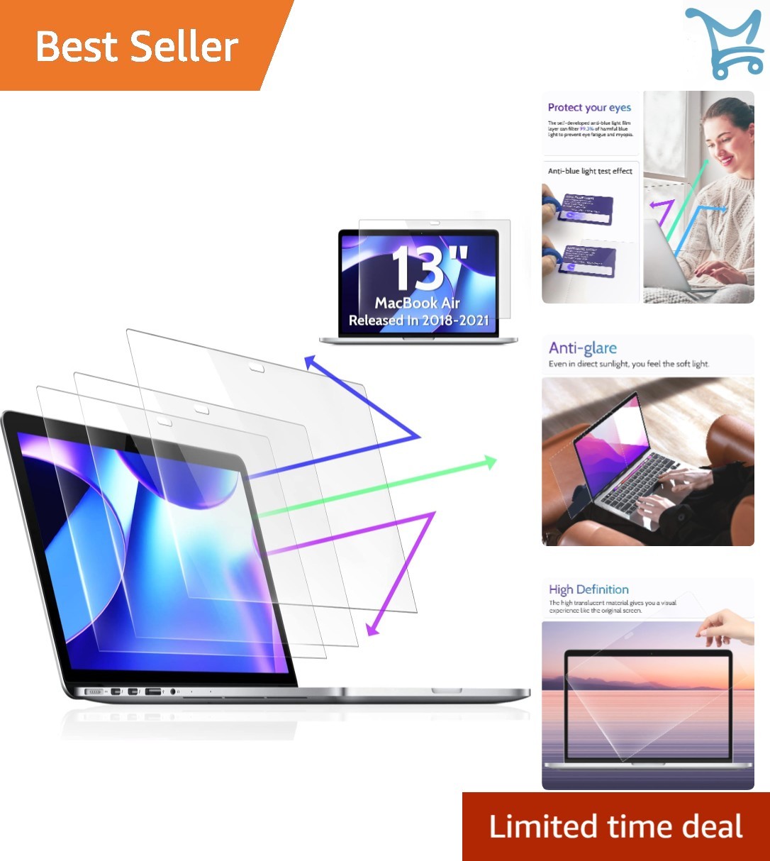 3-Pack Blue Light Screen Protectors for 13-Inch MacBook Anti-Glare UV Blocker