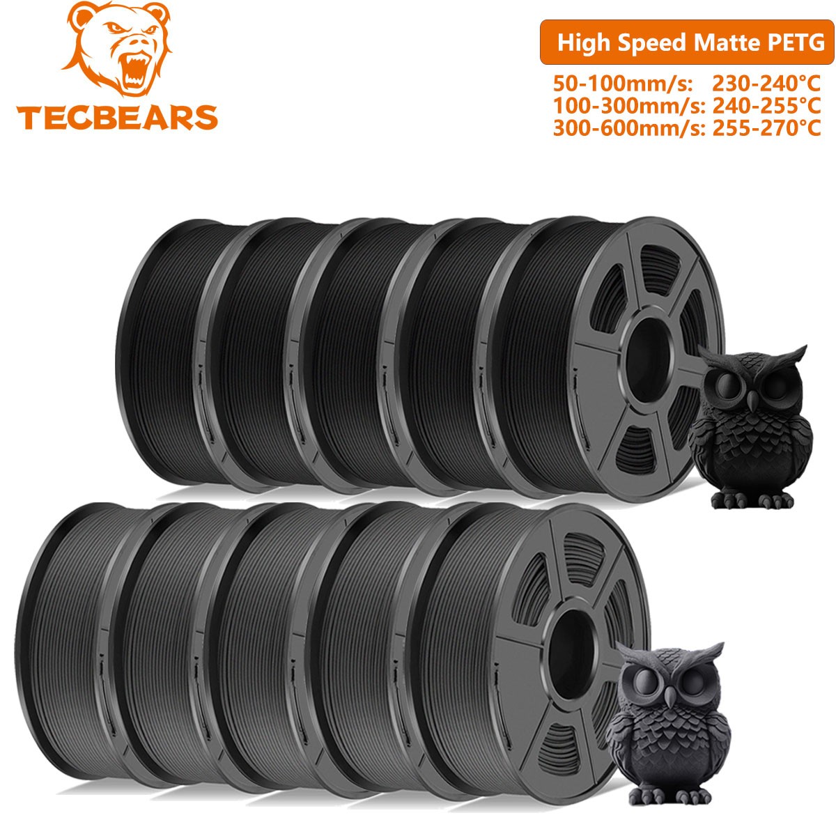 TECBEARS 10KG PETG Black&Gray Rapid Matte PETG 600mm/s 3D Printer Filament US