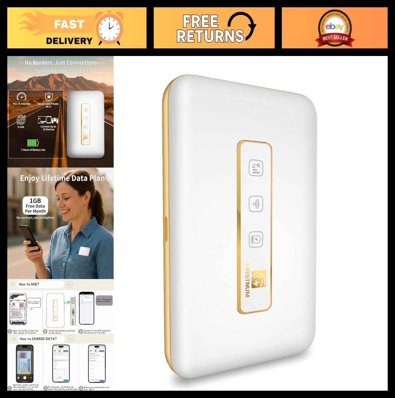 Portable WiFi Hotspot for Travel, Connect 10 Devices, No SIM Required, eSIM, 1GB