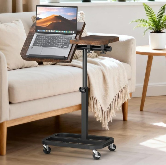Mesa Móvil para Portátil 25" con Ruedas, Altura e Inclinación Ajustable, Marrón
