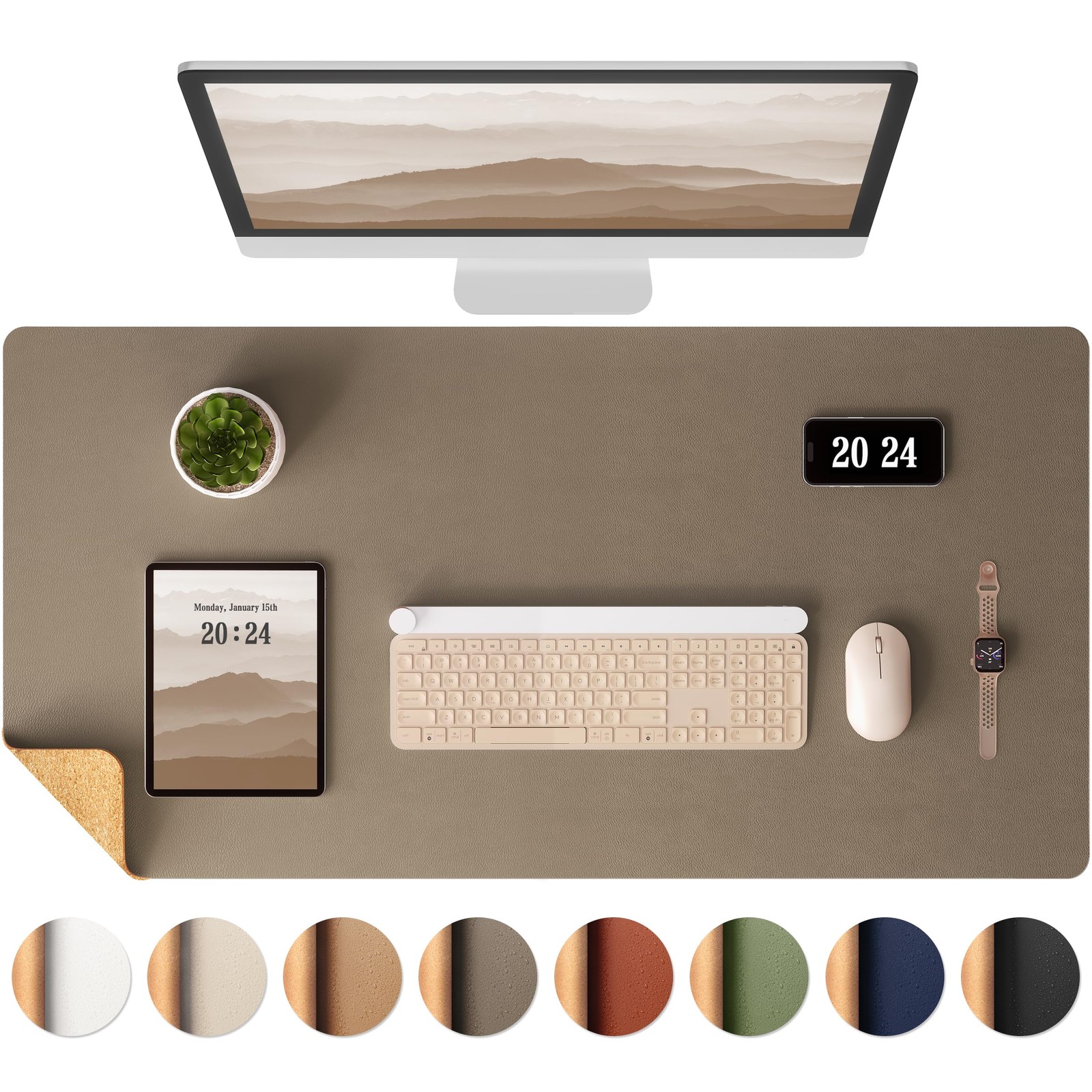 Aothia Dual-Sided Desk Mat - Leather & Cork 25.6" x 13.7", Coffee+cork