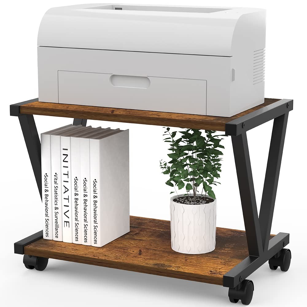 VEDECASA Printer Stand 2 Tier Wood V-Shape Frame Small Printers Rustic Brown