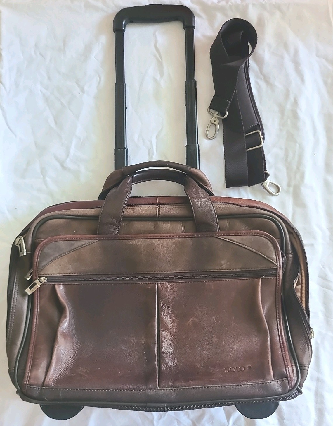Solo New York Walker Brown Leather Laptop Telescopic Handle Rolling Briefcase
