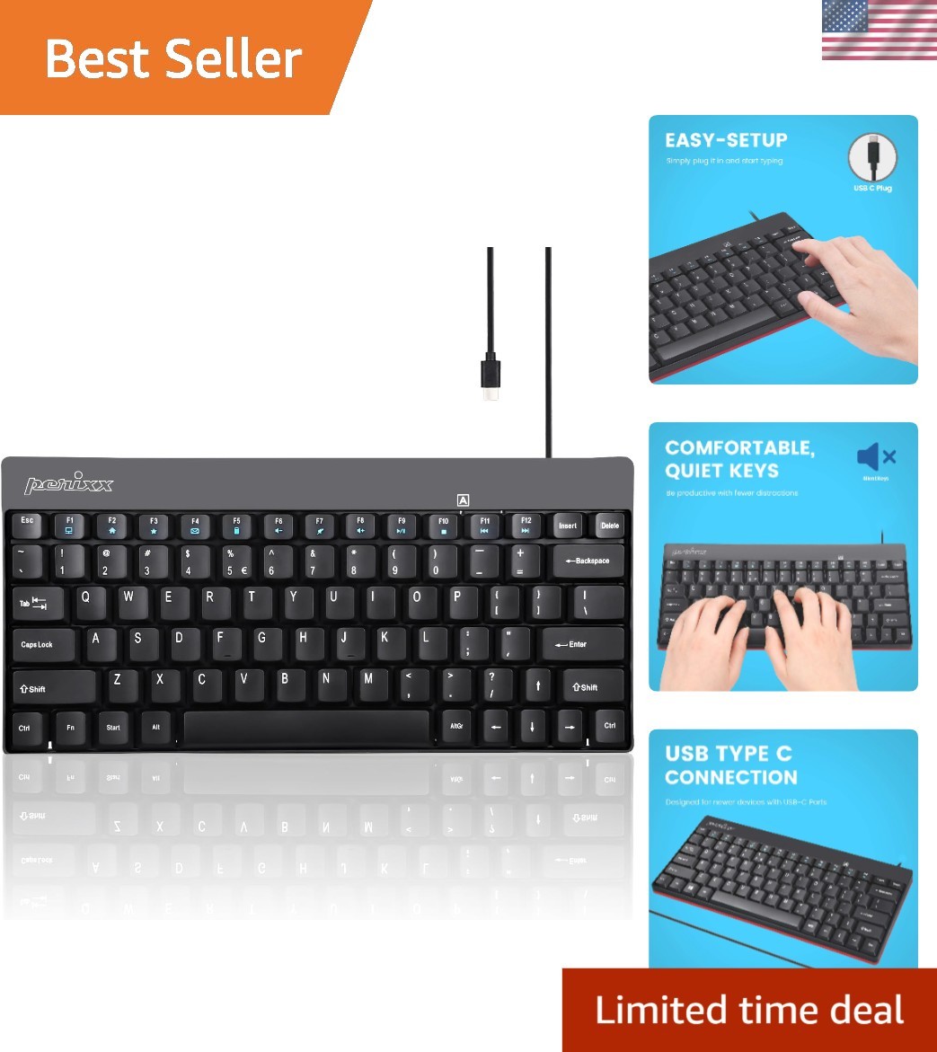 PERIBOARD-422 Wired USB-C Mini Keyboard, USB Type C Connector, Black,  Englis...