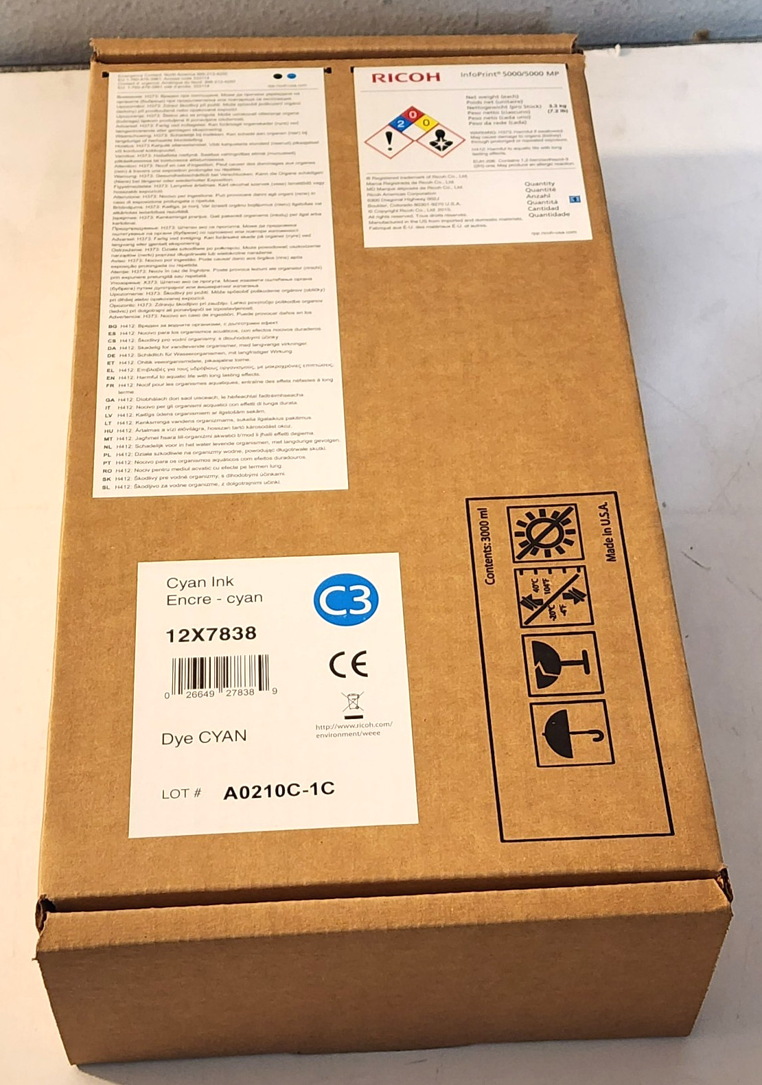Ricoh 12X7838 Dye Cyan Ink C3 3 Liter InfoPrint 5000 New Sealed EXP 6/2020