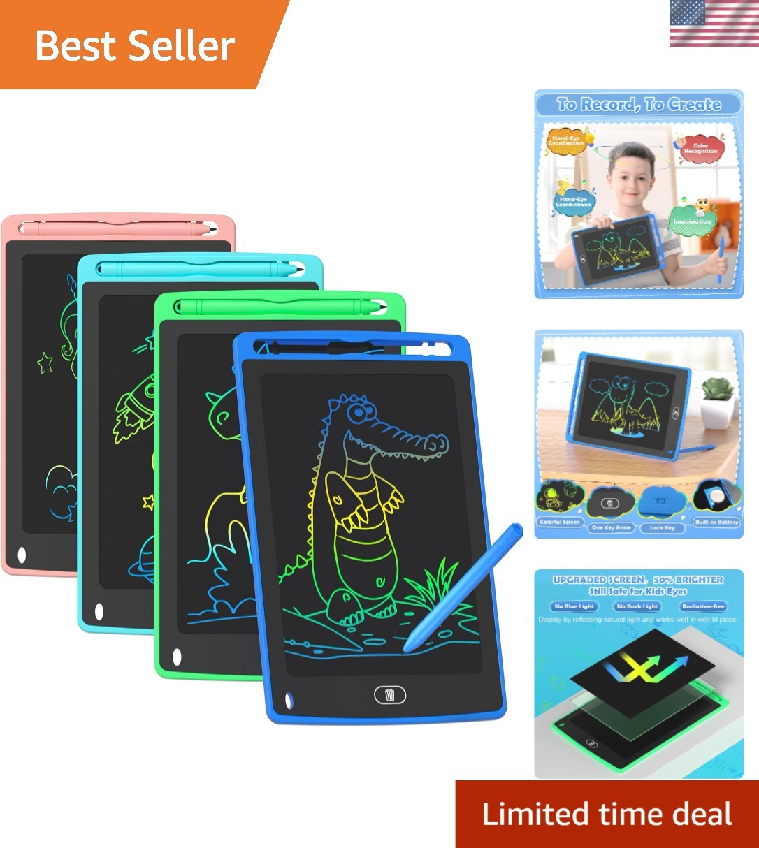 4 Pack LCD Writing Tablet for Kids, 8.5 Inch Colorful Doodle Board Drawing Ta...