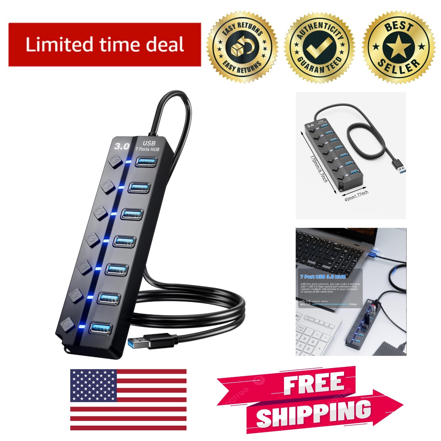Fast 5Gbps 7-Port USB Hub with Individual Switches & 4ft Cable for Laptops