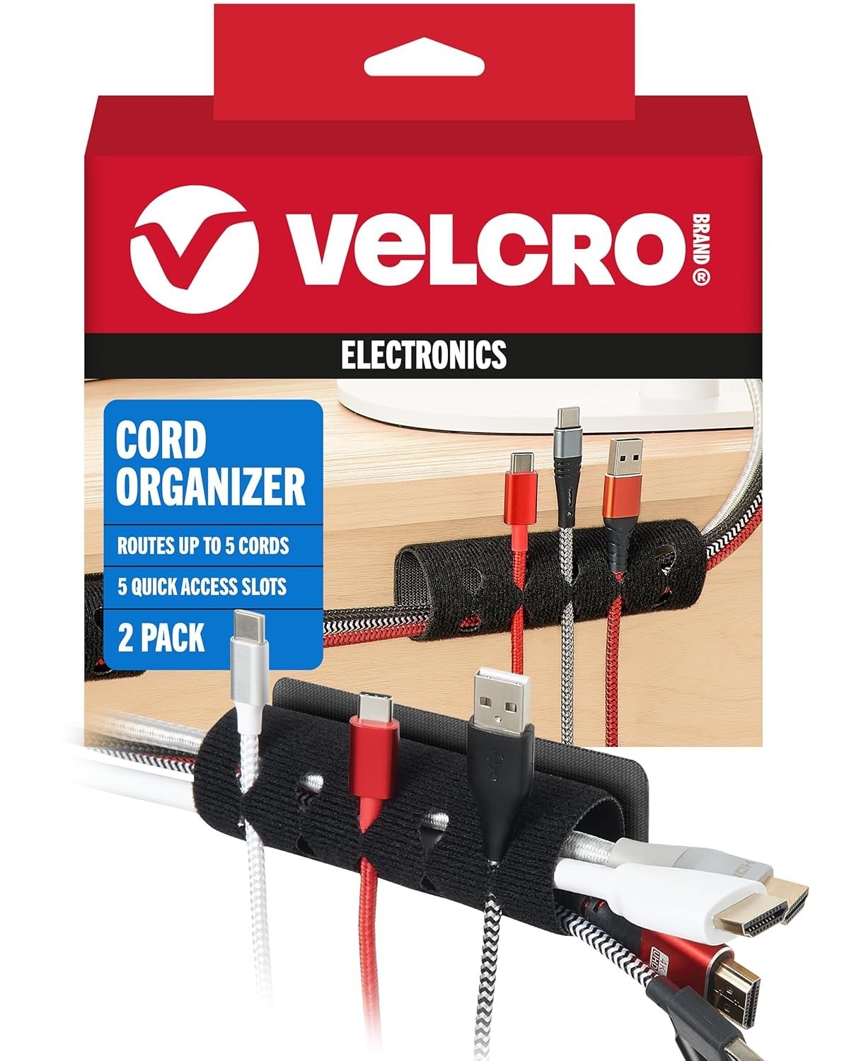 VELCRO BRAND CORD ORGANIZER FOR DESK/NIGHTSTAND 5 CABLE SLOTS W/ SLEEVE ROUTING