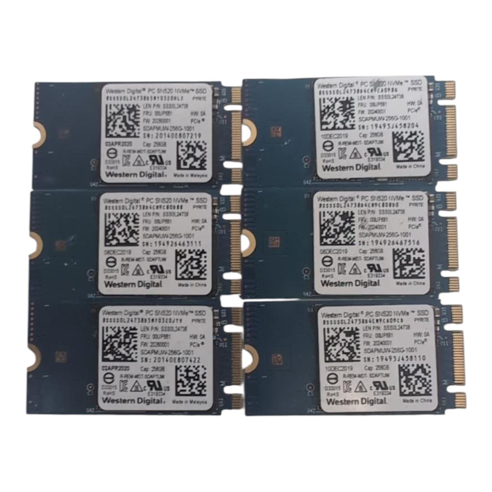 LOT OF 6 Western Digital  SN520 M.2 2242 PCIe 3.0 x2 256 GB Internal SSD 00UP681