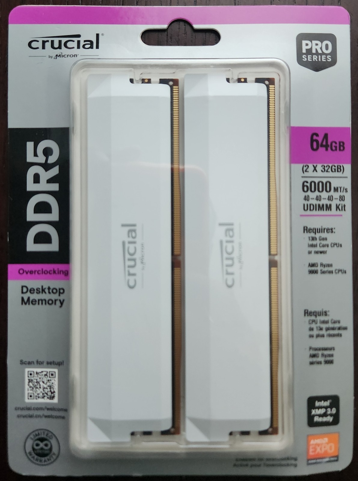 BRAND NEW CRUCIAL PRO 64GB (2 x 32GB) DDR5 CL40 6000MHZ OC PERFORMANCE RAM WHITE