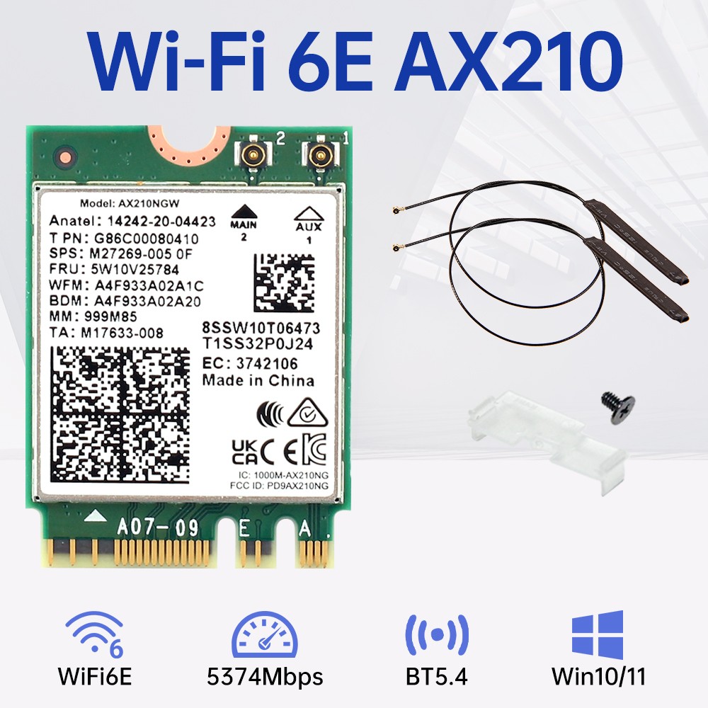 Intel AX210NGW WiFi 6E Card M.2 5374Mbps Tri-Band BT 5.4 with Internal Antennas