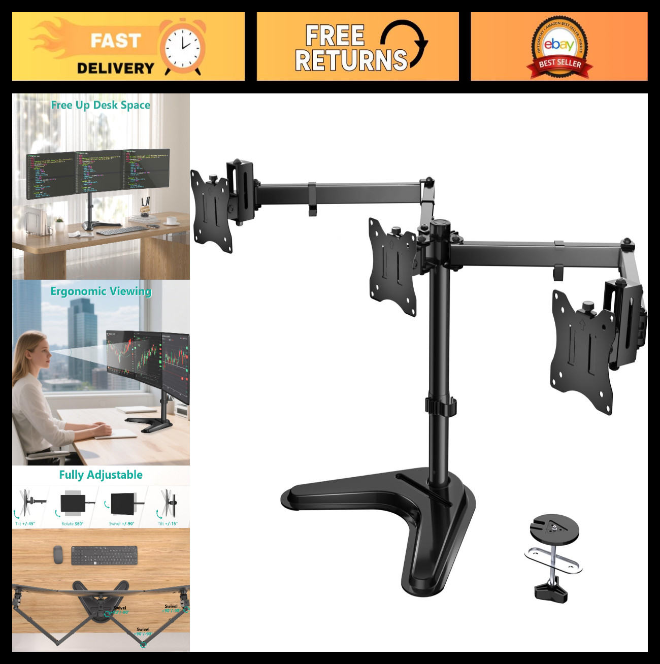 Triple Monitor Stand for 13-27" Screens, Full Motion Desk Mount, Tilt & Swivel,