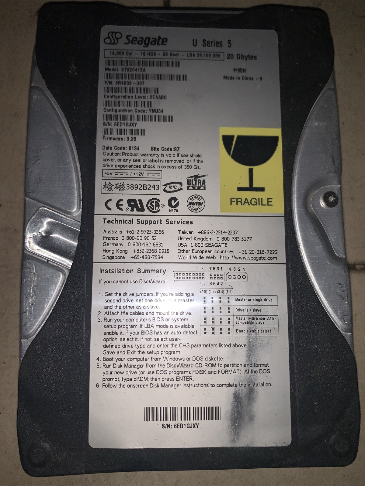 SEAGATE U 5 20 G BYTES HARD DRIVE ST320413A  9R4003-307 16HDS AMERICAN WAY AW100
