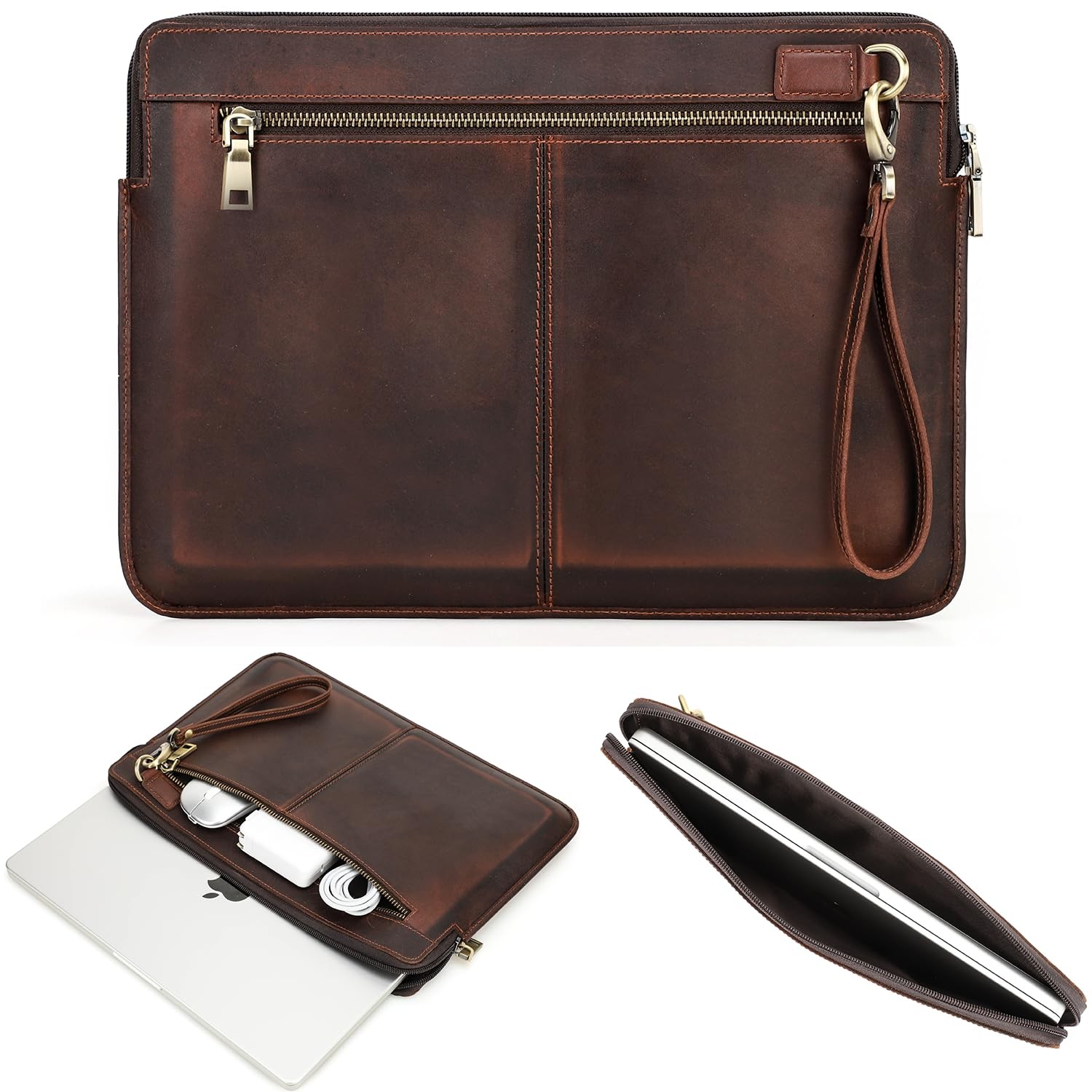 Top Grain Leather 14.2" Laptop Case Bag, Zip Pockets Design, with MacBook 13"...