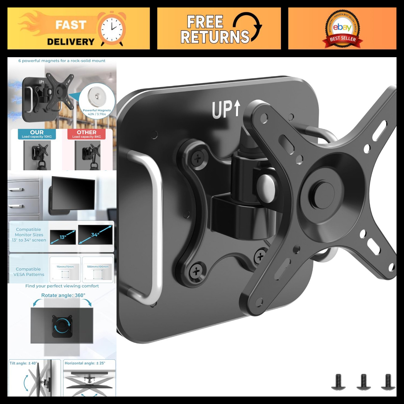 Adjustable Magnetic Monitor Mount 13"-34" | 360° Rotating VESA Bracket, 22lbs Ca