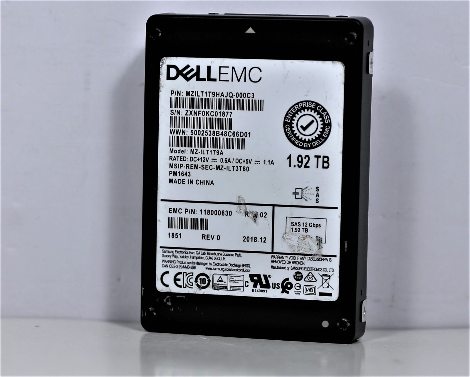 Dell EMC Samsung PM1643 1.92TB 12Gb SAS 2.5" Enterprise SSD MZ-ILT1T9A
