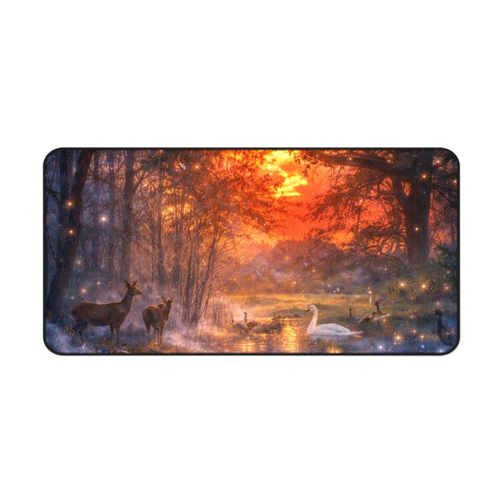 Enchanted Forest Sunset Desk Mat | Deer Swan Woodland Scene