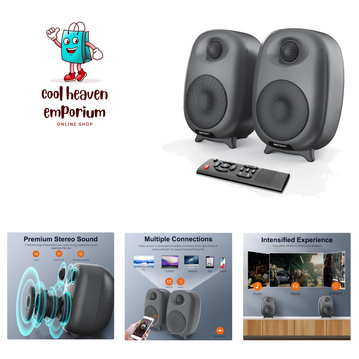 Compact 60W Desktop Speakers – Bluetooth 5.0 Wireless & Remote Control, Gray