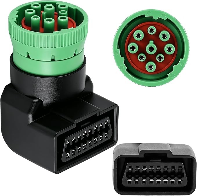 90° Right Angle Type 2 Green 9 Pin J1939 Male to OBD2 16 Pin Female Adapter Fit